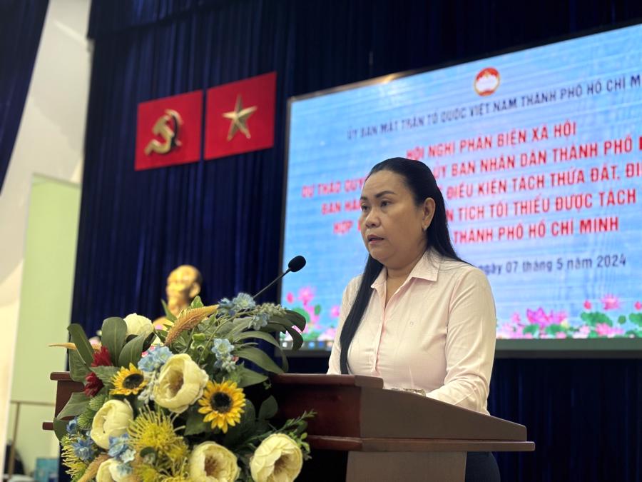 Bà Nguyễn Thị Kim Thúy, Phó Chủ tịch Ủy ban MTTQ TP.HCM: "Dự thảo sửa đổi phải phù hợp với điều kiện hiện nay. Mục tiêu là để đảm bảo quyền và lợi ích hợp pháp của người dân" - Ảnh: PA.