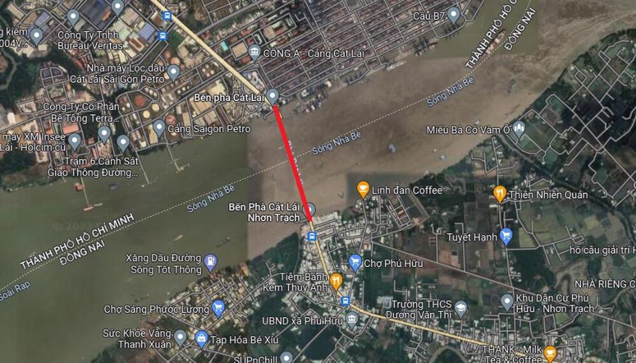 Khu vực dự kiến xây dựng cầu Cát Lái  (thể hiện trên bản đồ Google vệ tinh)